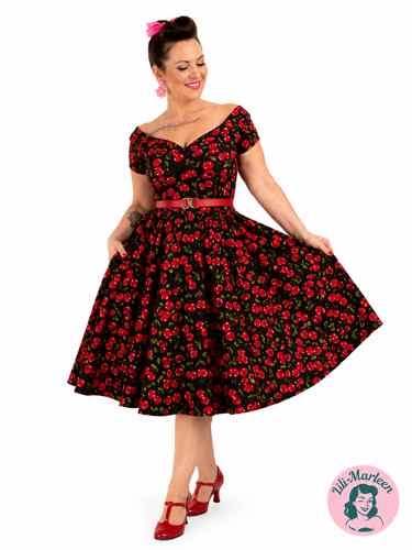 Cherry Noir  Eksklusiv Vintage Kjole med Kirsebærprint