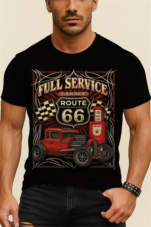 Hot Rod Highway – Sort T-shirt med Route 66 garage-vibes
