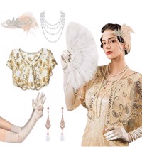 1920´er Gatsby/Charleston accessories/tilbehørssæt med slag, creme - deluxe