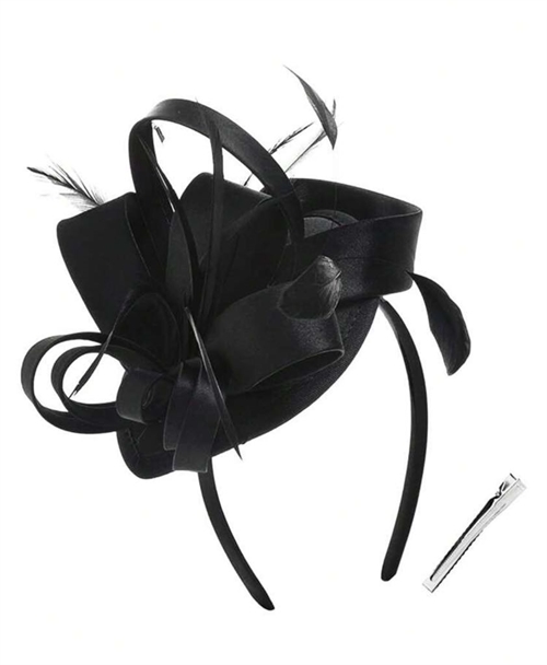 Betager – Sort Fascinator på Hårbøjle med Satin og Fjer 