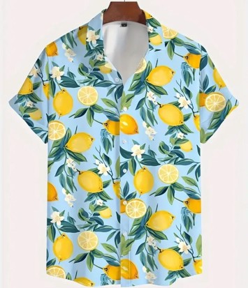 Kortærmet Herreskjorte med Citroner & Retro Italiensk Stemning