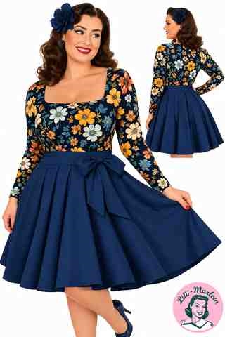 Miss Hazel Mørkeblå blomstret vintagebluse med lange ærmer