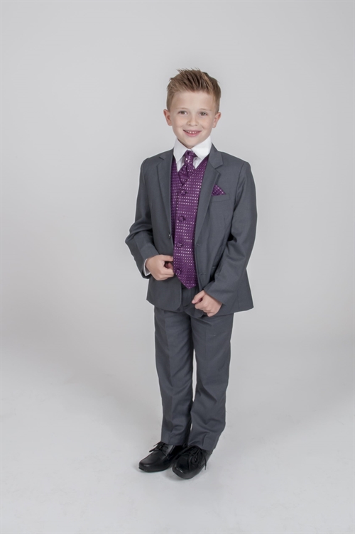 Børne jakkesæt: Anton; grå/lilla- jakkesæt i 5 dele 