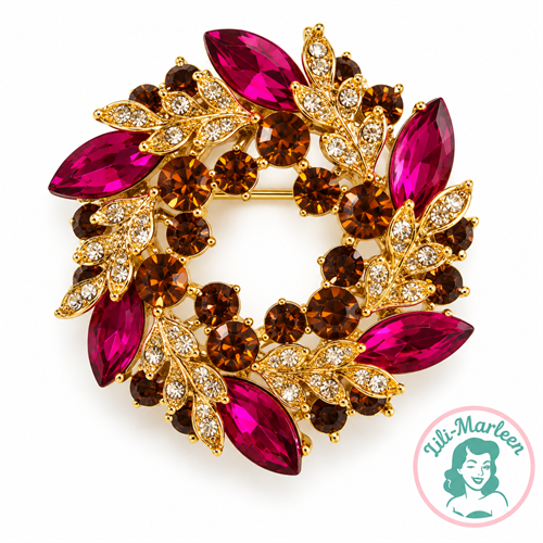 Broche Miss Ruby – fuchsia, cognac og klare sten