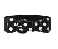 Bredt elastisk lakbælte, sort mat med hvid polka prik