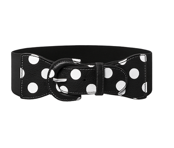 Bredt elastisk lakbælte, sort mat med hvid polka prik