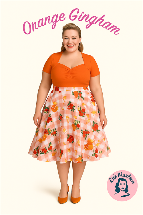 Swingnederdel: Miss Orange Gingham – med citrusprint og retro-sommerstemning