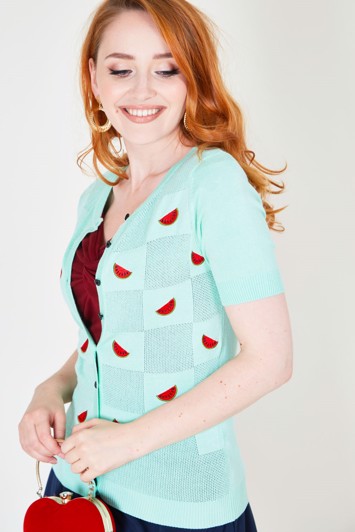 Cardigan, Miss Watermelon - sød cardigan i mint med vandmeloner