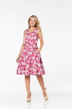 50´er kjole - Chrissy: smuk swingkjole i hindbærfarvet med roser