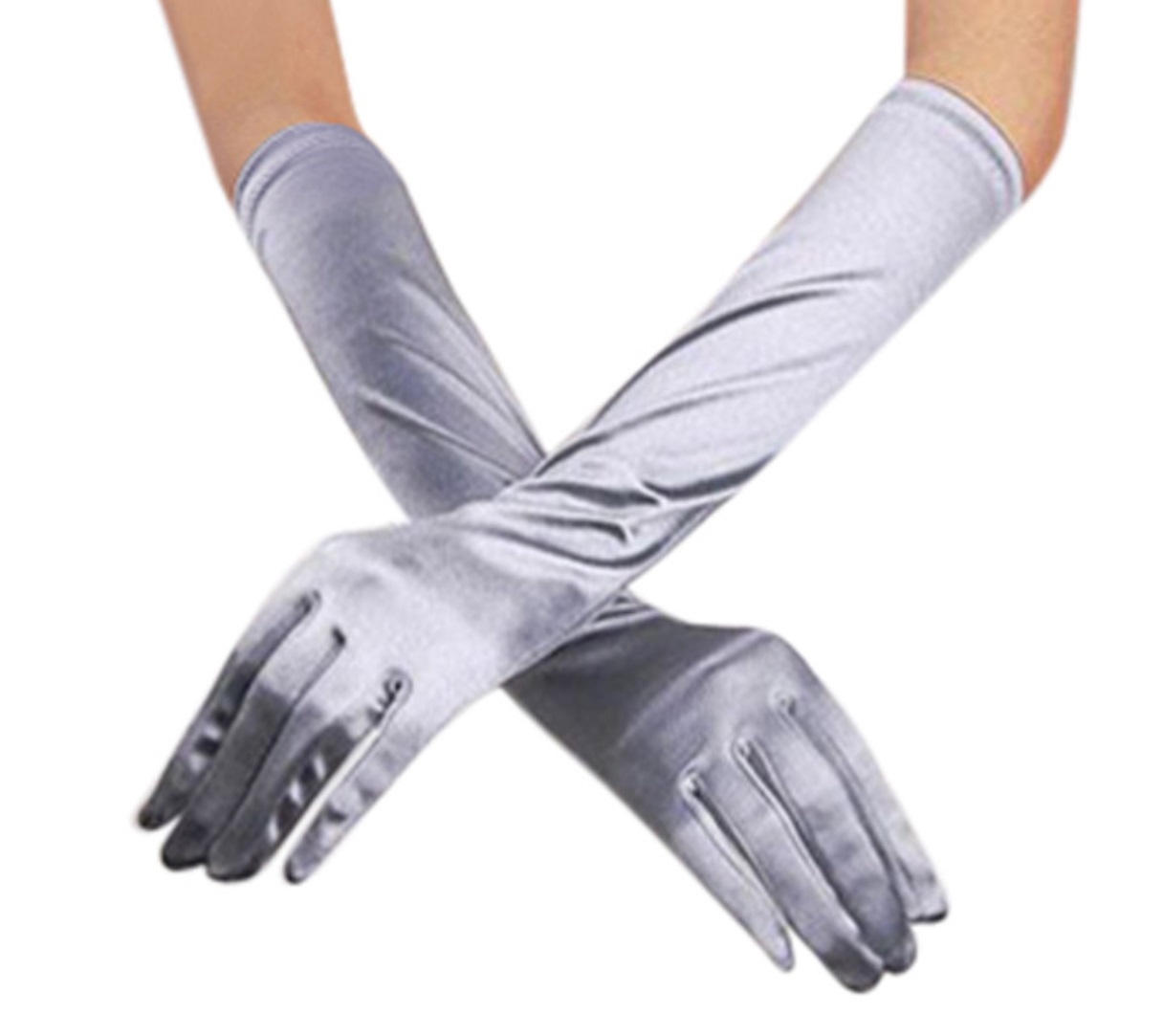 Wings prototype Klage Lange satin handsker, sølv: Smukke lange handsker i strech satin