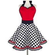 Forklæde: Frk. Emma - vintage feminint forklæde i rød/hvid/sort med tern