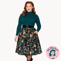 Swingnederdel – Miss Celeste – Vintageblomster i sort og turkis