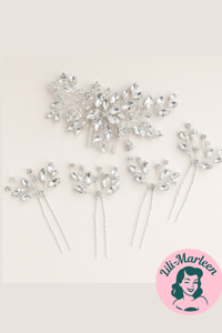 Hårkam og hårnåle: Smuk hårkam med 4 store hårnåle med perler og sten, sølv