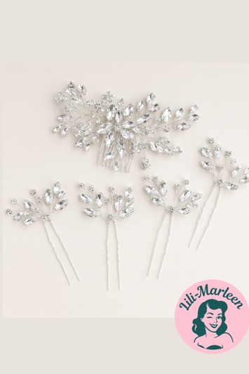 Hårkam og hårnåle: Smuk hårkam med 4 store hårnåle med perler og sten, sølv