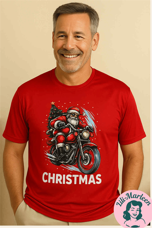 Mister Vroom-Vroom Claus – Rød Juleskjorte med Julemand på Motorcykel 