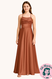 Ungdoms fest/galla-kjole; Little Natalia, caffelatté satin kjole