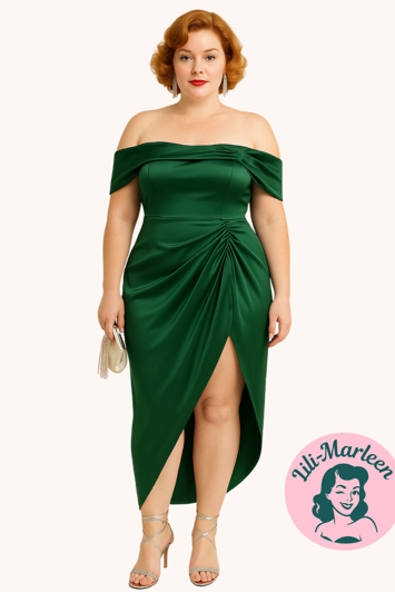 Halvlang festkjole  i satin - Laura, Grøn