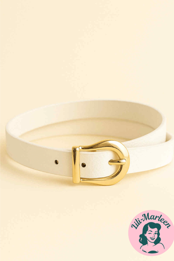 Smalt læder bælte, hvidt med guld spænde 