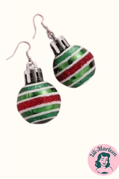 Hængeøreringe; store julekugler, grøn/rød med striber