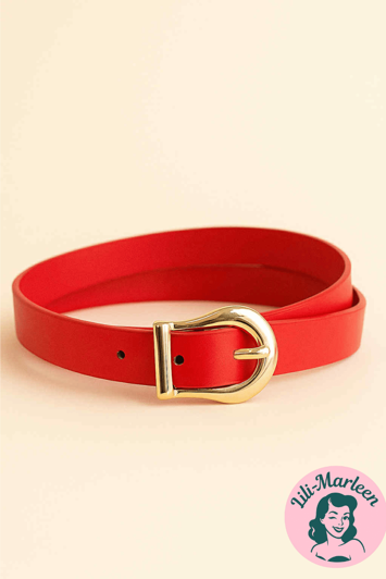 Smalt læder bælte, rød med guld spænde 