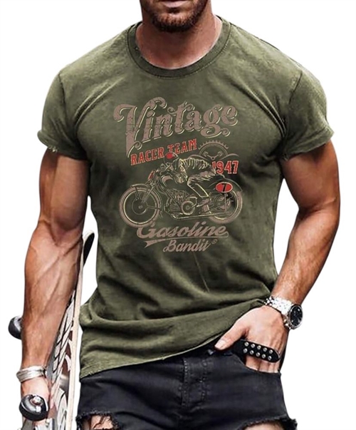 T-shirt til mænd - vintage racer team - armygrøn - shirt med fedt retro-tryk