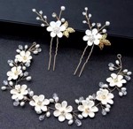 Krystalbånd med blomster, sten og perler, cremehvid/guld - og 2 x hårnåle