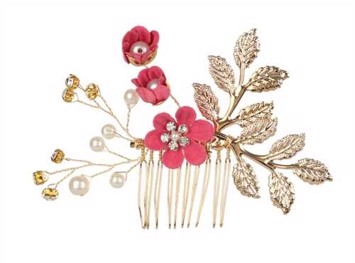 Hårkam: Smuk hårkam mørk rosa/guld blomster med sten og perler, mellemstørrelse
