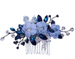 Hårkam: Smuk hårkam blå/mørk blå med blomster & sten, sølv kam💙