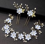 Krystalbånd med blomster, sten og perler, guld/blå - og 2 x hårnåle