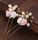 Hårnåle; 2 x hårnåle med blomster og perler hvid/pink perlemor 