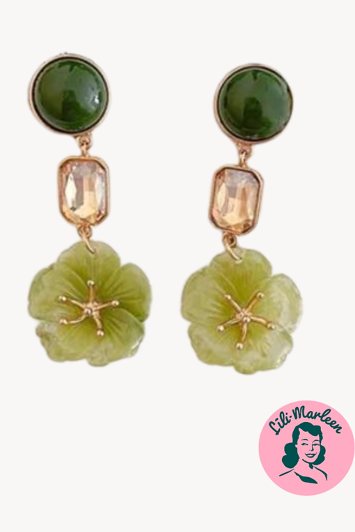 Øreringe - store hængeøreringe med blomster og sten, grøn/gul