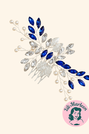 Hårkam: Smuk hårkam blå/sølv med sten, perler og blomster