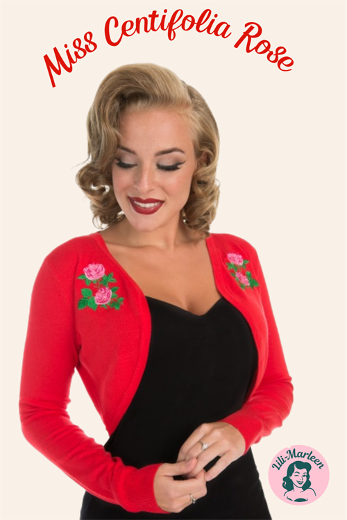 Centifolia Rose – Rød Vintagebolero med Broderede Roser