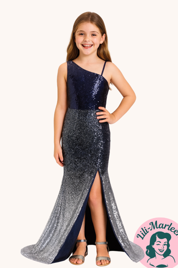 Børnegallakjole - Night Bird - Lang børnefestkjole i blå/sølv - Havfrue model med palietter