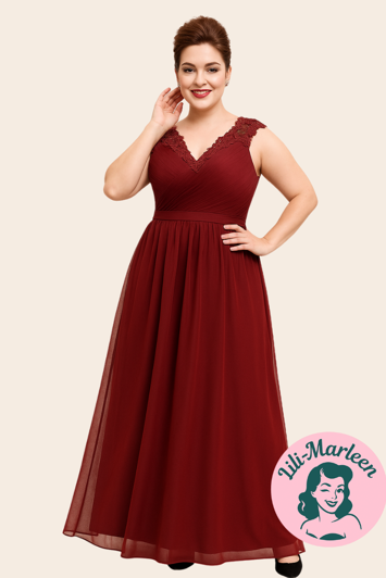 Lang festkjole - Betty Jeane, vinrød; Skøn lang festkjole med blonde på overdelen