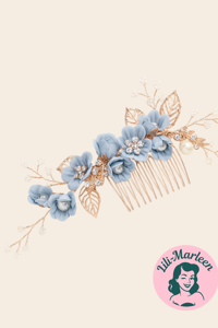 Hårkam: Smuk hårkam blå/guld blomster med sten og perler