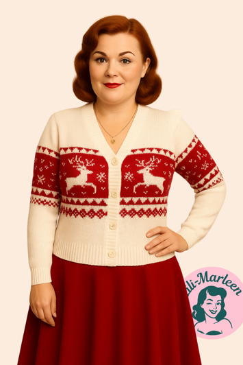 Cardigan - Nordic vinter - Strik cardigan, ivory/rød