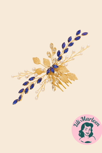 Hårkam: Smuk hårkam blå/guld med sten, perler og blade