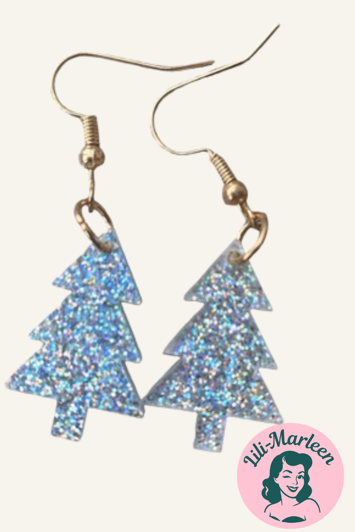 Hængeøreringe; juletræer, sølv glitter