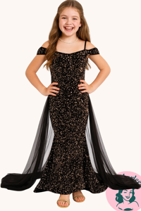 Børnegallakjole - Luciy - Lang børnefestkjole i sort/guld - Havfrue model med palietter