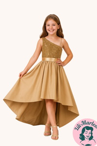 Børnegallakjole - Miss Lea - Lang smuk champagnefarvet børnefestkjole med palietter