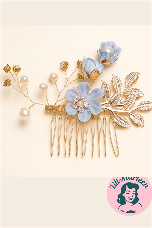Hårkam: Smuk hårkam blå/guld blomster med sten og perler, mellemstørrelse 