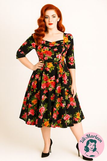 50ér kjole/swingkjole - Miss Zena - smuk kjole i sort med roser 