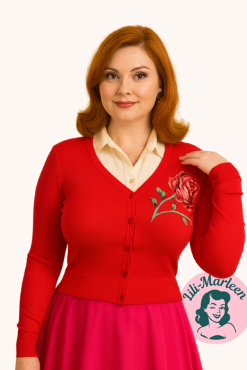 Cardigan, Lady Rose - rød med rose - kort cardigan med v-hals