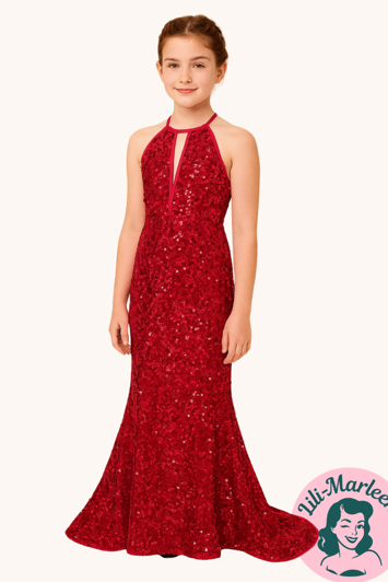 Brnegallakjole - Diana, pink - Langbørnefestkjole - Havfrue model med palietter