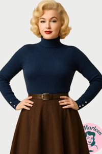 Højhals: NELLY - NAVY MED PERLER LANGS ÆRMERNE; En klassiker i dit klædeskab