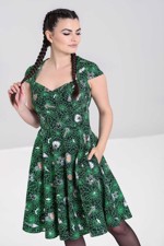 Kjole; Miss Hex - grøn med Halloween print 
