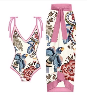 Vintage/retro badedragt med sarong - med papegøje print