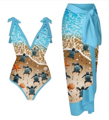 Vintage/retro badedragt med sarong - med havskildpadde print