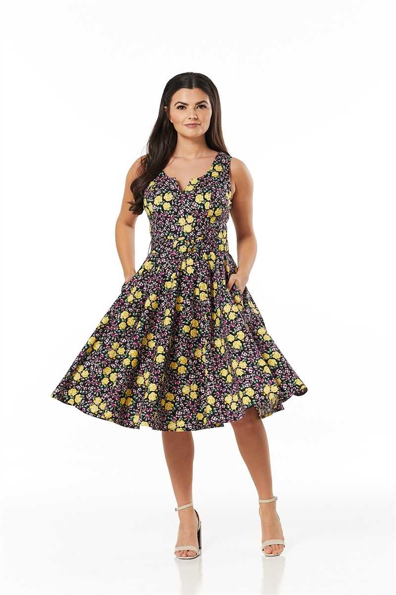 Også Tick Kamp 50´er kjole - Ria - smukke lilla/gule farver
